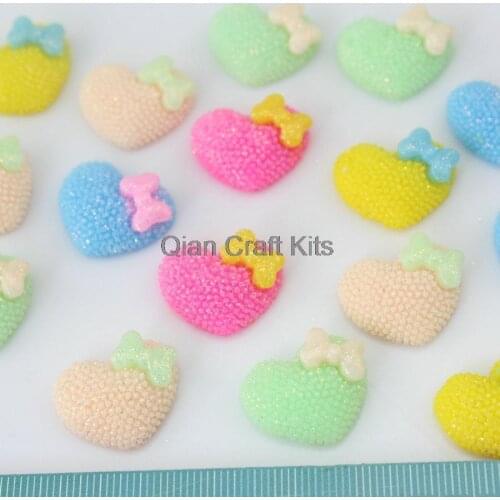 65pcs kawaii 17mm little Bow Heart Resin Cabochons pastel color glittery cabs display