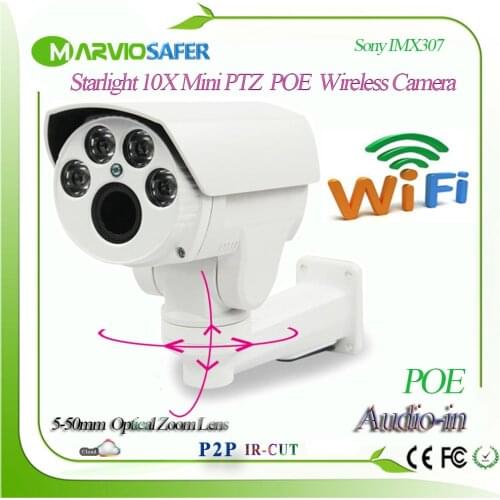 1080P Darklight H.265 5-50mm 10x Zoom Wireless IP PTZ Camera Sony IMX307 Sensor Wifi Network Camera Onvif, TF Card Slot, Audio