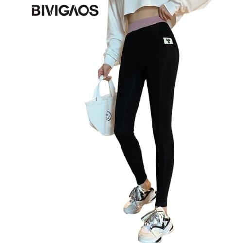 BIVIGAOS Women Kitten Patch Label Cotton Sports Leggings Spring New Stretch Black Workout Leggings Pants Fitness Leggings
