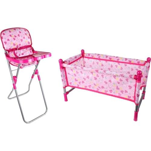 Baby Nursery Room Furniture Decor Doll Pink High Chair Bed Kids Fun Play Toy