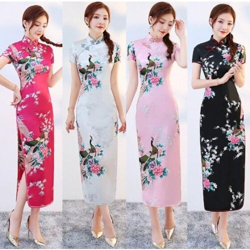 Long Style Smooth Satin Cheongsam Qipao for Women Chinese Traditional Tight Bodycon Dress Oriental Asian New Year Wedding Gown