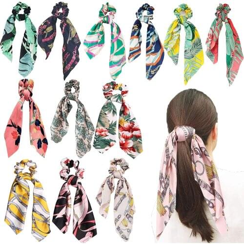 Elegant Floral Print Scrunchie Women Hair Scarf Elastic Bohemian Hairband Bow Hair Rubber Ropes Girls Hair Ties Accessories