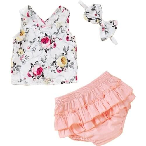Flower print sleeveless t-shirt+pants+Headband 3pcs kids clothes girls baby stuff newborn outfit sets
