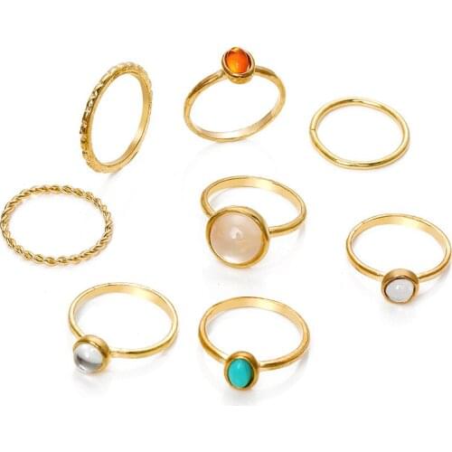 New Korea 8PC/SET Vintage Colorful Stone Mixed Gold Trendy Geometry Finger Rings Set for Women Girls Fashion Party Bohemia Ring