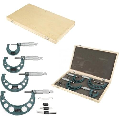 4pcs 0-100mm Metric Outside Micrometers Thickness Gauge Measuring Calipers with Case Cast Iron Cemented Carbide Tool Accessories