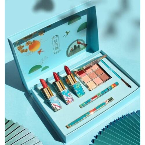 Makeup Cosmetic Set Oriental Matte Carved Lipstick Eye Shadow Palette Brush Eyebrow Pencil Liquid Black Eyeliner Beauty Kit