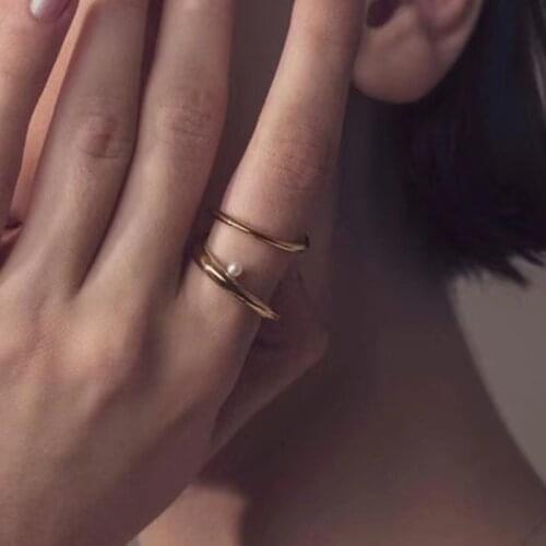 Kpop Gold Double Circle Open Cuff Pearl Rings for Women Girl Chic Fashion Korean Pearls Ring Adjustable Finger Accessories