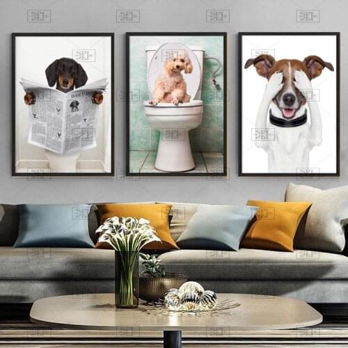 Creative Wall Hanging Picture Cute Dog Animal Sit On The Toilet Anime Poster and Prints No Frame Bathroom Decor Painting