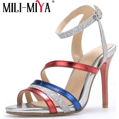 MILI-MIYA Fashion Rome Gladiator Sandals Women Buckle Strap Super High Thin Heels Pu Leather Mixed Colors Wedding Party Shoes