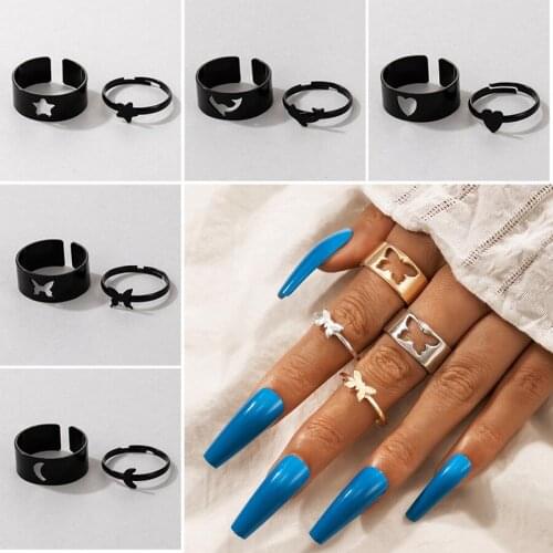 2021 Trendy Butterfly Dolphin Joint Ring Sets for Women Adjustable Geometric Star Moon Heart Metal Couples Wedding Ring Jewelry