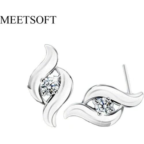 MEETSOFT Silver Plated Prevent Allergy Fashion Stud Earrings for Women Design Trendy Single Crystal Hollow Out Eye Jewelry Gift