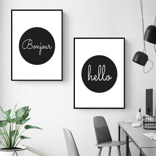 Black and White Bonjour Hello Quote Canvas Painting Posters And Prints Modern Wall Art Pictures for Living Room Home Decor