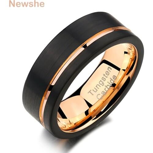 Newshe Mens Tungsten Carbide Black Brushed Rose Gold Color Groove Line Wedding Rings Fashion Jewelry For Him TRX066