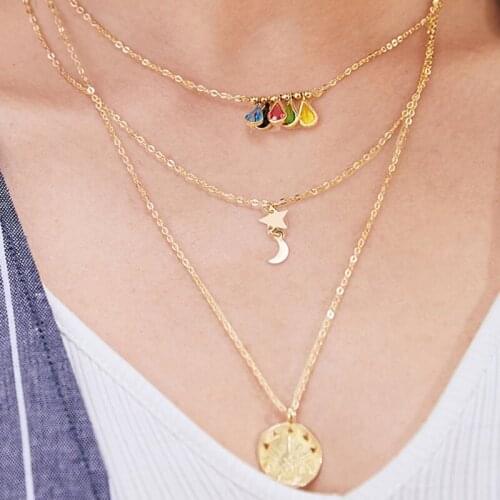 Docona Multilayer Moon Star Geometric Pendant Necklace for Women Colorful Water Drop Crystal Chain Choker Neckalce Jewelry Party