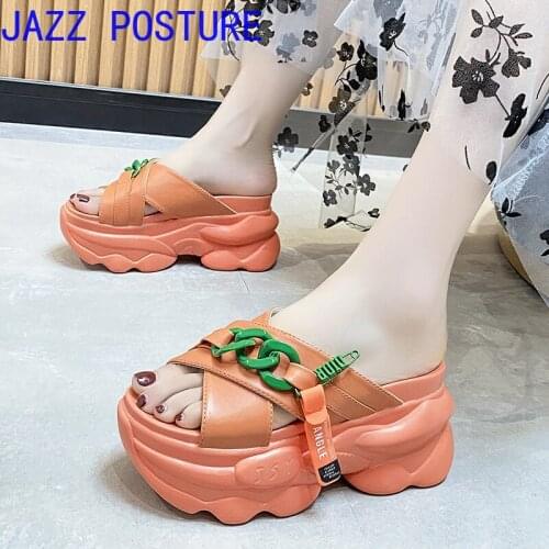 Slippers Lady Slope High Heels 9cm Candy Color Sandals Summer Slippers Casual Beach Slippers Green W154