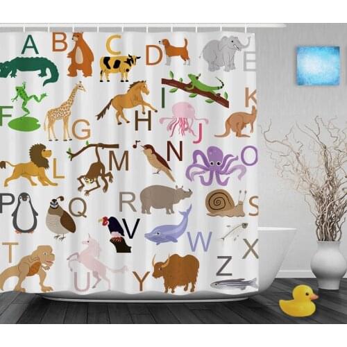 Animals Educational Alphabet Letters Kids Shower Cutains Baby Nursery Bathroom Curtains Polyester Waterproof Fabric With Hooks