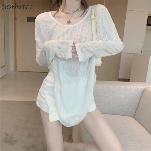 Long Sleeve T-shirts Women White Thin Sun-proof Summer New Design Loose See Through Sexy Casual All-match Fashion Beach Breathe