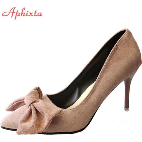 Aphixta 10cm Heels Large Size 48 Bow Shoes Woman Super High Heels Pumps Nude Wedding Shoes Party Ladies Shoes Classic Pumps