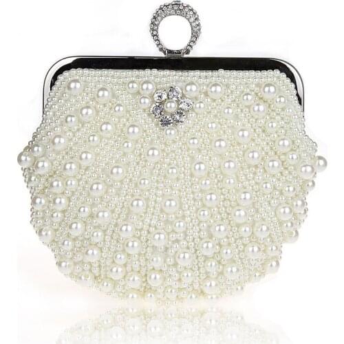 Women Evening Party Wedding Bag Bright High-end Faux Pearl Female Shell shape Beading luxury Clutch Ladies Hasp Handbags WY40