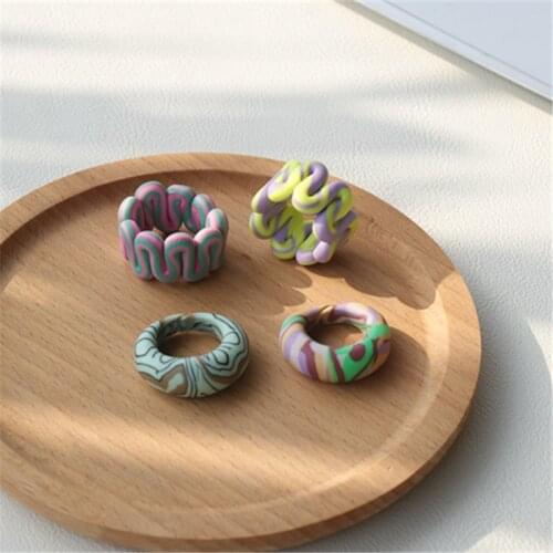 AOMU 2021 Trendy Colorful Stripe Color Contrast Clay Irregular Round Handmade Ring for Women Fashion Personality Jewelry Gift