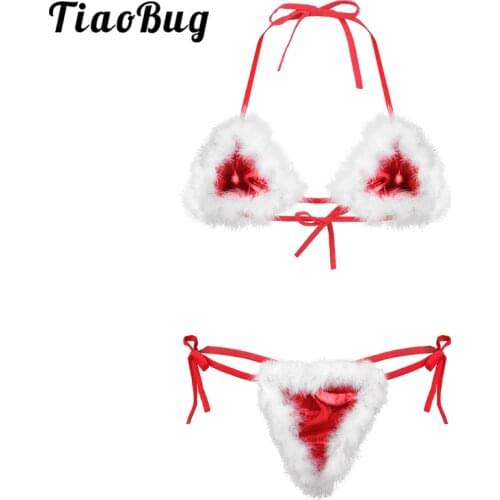 Women Christmas Lingerie Hot Sexy Costume Santa Bikini Set White Feather Halter Tie-on Bra and G-string Xmas Underwear Nightwear