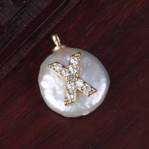 Gold initial 26 alphabet letter ABC name charm pave white CZ crystal freshwater pearl pendant for DIY wedding gift