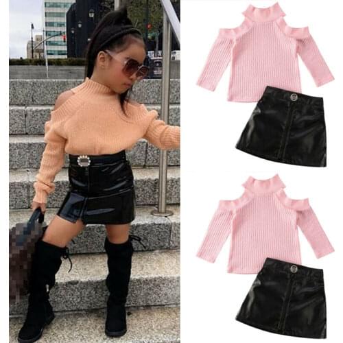 2PCS Toddler Kids Baby Girls Clothes Long Sleeve Solid Cold Shoulder Sweater Tops +PU Leather Mini Skirt Autumn Outfits
