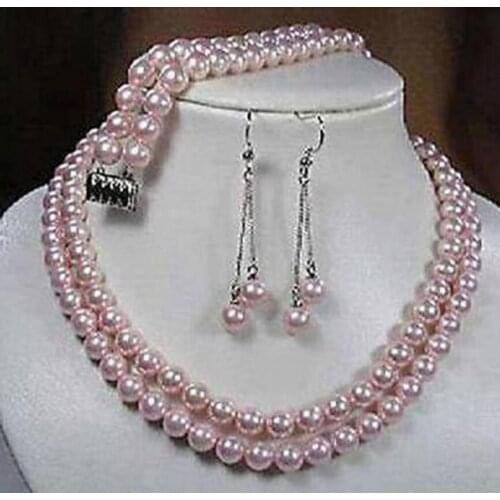 2Rows 8mm Pink South Sea Shell Pearl Necklace bracelet Earrings Set Grade