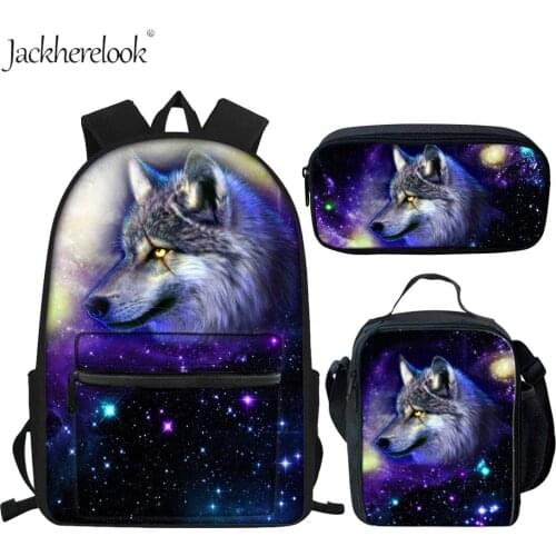 Jackherelook 3pcs Galaxy Wolf/Horse/Dog Print School Bookbag for Child Kids Space/Universal/Star Animal Boy Backpack with Zipper