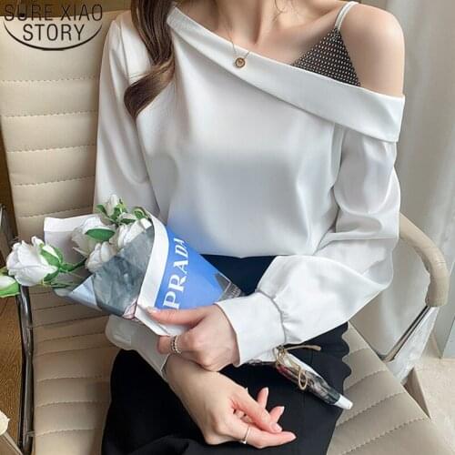 2021 White Blouses Loose Women Shirts Off-the-shoulder Long-sleeve Satin Shirt Blouse Fashion Casual Tops Blusas Mujer 15066