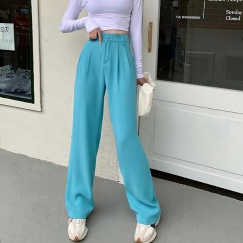 2021 Summer High Waist Suit Pants Straight White Blue Black Wide Leg Pants Womens Clothing Work Wear Office Ladies Trousers