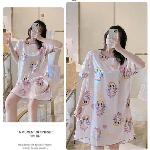 Disney Cartoon 1pcs Mickey Minnie Duck Pattern Girl Nightdress Summer Short-Sleeved Thin Cute Comfortable Women Pajamas