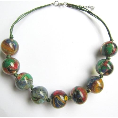 Europe Design 24mm Round Resin Tribal Pattern Fabric Wrapped Women Bead Necklace Jewelry in Olive Green Color