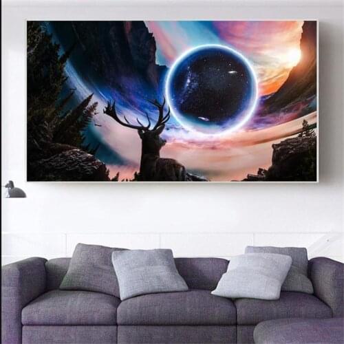 Fantasy Starry Sky and Planet Posters and Prints Wall Art Canvas Painting Sunset and Elk Picture for Living Room Home Decoration