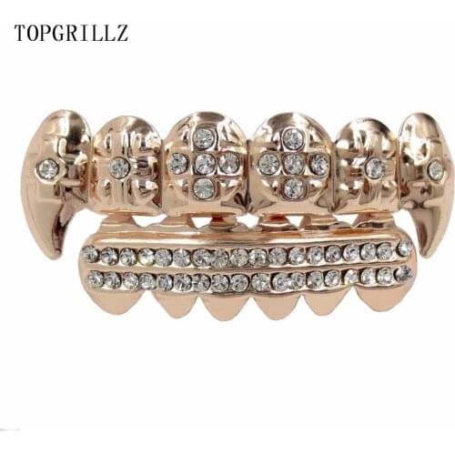 TOPGRILLZ Real Rose Gold Color Plated ICED OUT CZ Teeth GRILLZ Cross Top & Bottom Tooth Caps Hip Hop Bling Golden Grills