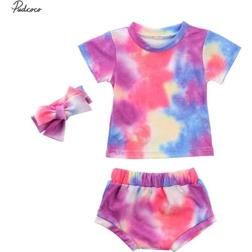 1-3Years Infant Baby Girls Tie-dye Clothes Sets Short Sleeve Pullover T Shirts Tops Shorts Headband