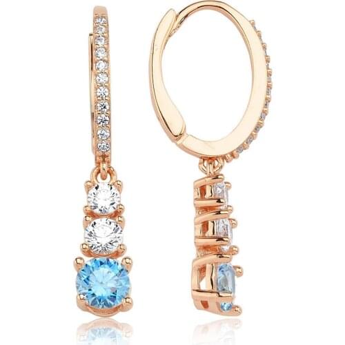 Valori Jewels 1.54 Carat, Zirconia Fancy Blue And White Round Gemstone, Rose Gold Plated, Sterling Silver Three Stone Earrings