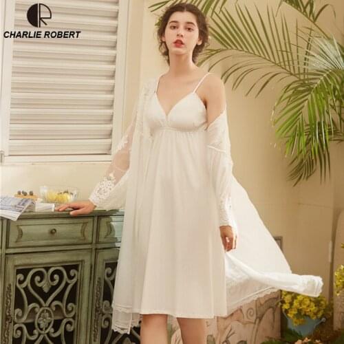 Lace Robe Long Robe Lady White Lace Embroidery Robe and Slip Two Pieces For Women Robe Sleepwear Bride