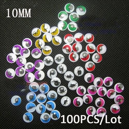 Size 10mm Multicolor With Eyelash Eye Activities Moving Eyeball Plastic Eyes Scrapbook For Doll Toy Accessories(100PCS/lot)