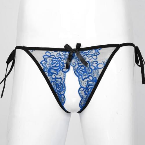 Mens Gay See-through Embroidery Crotchless Briefs Sissy Exotic Panties Low Waist Lace T-back G-string Thong Underwear Underpants