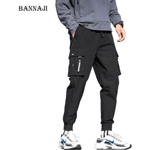 BANNAJI Men Casual Pockets Cargo Pants 2019 Mens Streetwear Hip Hop Joggers Korean Loose Male Trousers Plus Size Autumn S-XXXL