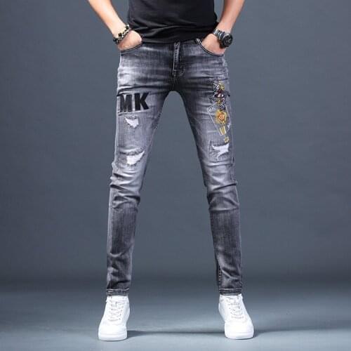 2021 Men High Quality New Style Ripped Jeans,Embroidery&Scratched Slim-fit Straight Denim Pants,Noble Gray Color,Cool&Fashion