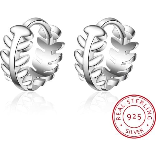 Real 925 Sterling Silver Hoop Earrings for Women Simple Leaf Small Hoops Earring Fashion Jewelry Female Ear Accessories Gift
