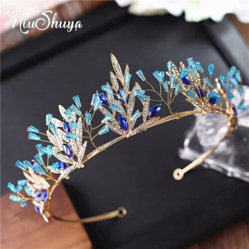 NiuShuya New Princess Crown Handmade Blue Crystal Bridal Diadem Wedding tiara Headpiece Hair Jewelry Wedding Hair Accessori