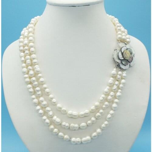 3 rows of 8MM natural real Baroque pearl necklace. For Women Jewelry Gift For Girlfriend Real Pearl l Necklace 19-21"