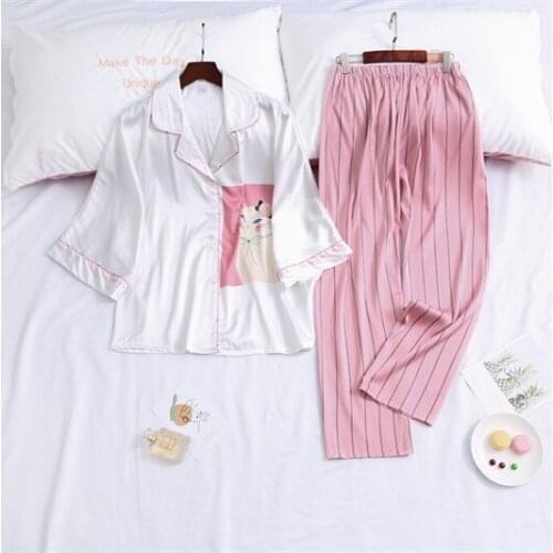Print Sleepwear Women Pajamas Suit Satin Two Piece Set Faux Silk Shirt&Pants Spring Summer New Home Wear Pyjamas Lingerie
