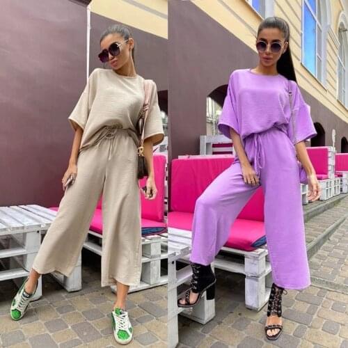 STYLISH LADY 2 Piece Set Women Short Sleeve O Neck T Shirt and Wide Leg Pant Set 2020 Summer Casual Loose Beach Outfits