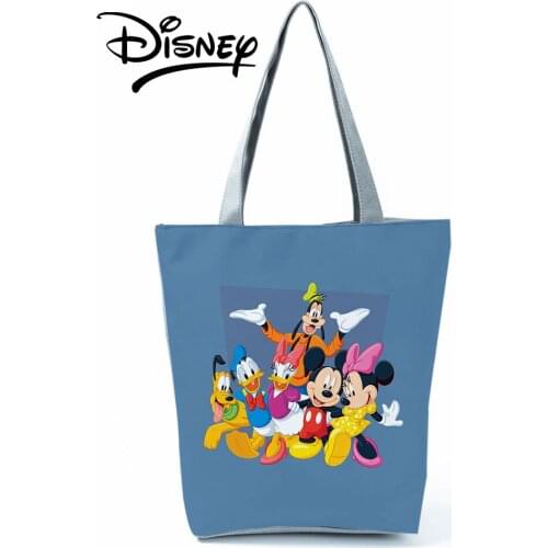 Disney Mickey Minnie Printed Handbag Girl Portable Shoulder Bag Cartoon Women Shopping Bag Blue Storage Bag Outdoor Beach Bag