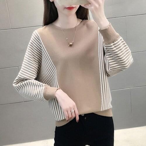 Spring and AutumnSweater Color Matching Thin Knitted Blouse New Style Belly Cover Korean Style All-match Western Style Top