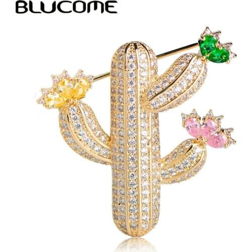 Blucome Vivid Cactus Shape Brooches Luxury Zircon Rhinestones Copper Brooch Pins Suit Sweater Accessories Jewelry For Women Clip